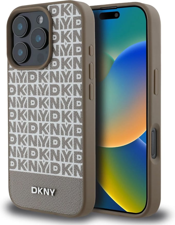 DKNY – iPhone 16 Pro – Backcover hoesje – PU Leather Repeat Pattern Bottom Stripe – MagSafe – Bruin