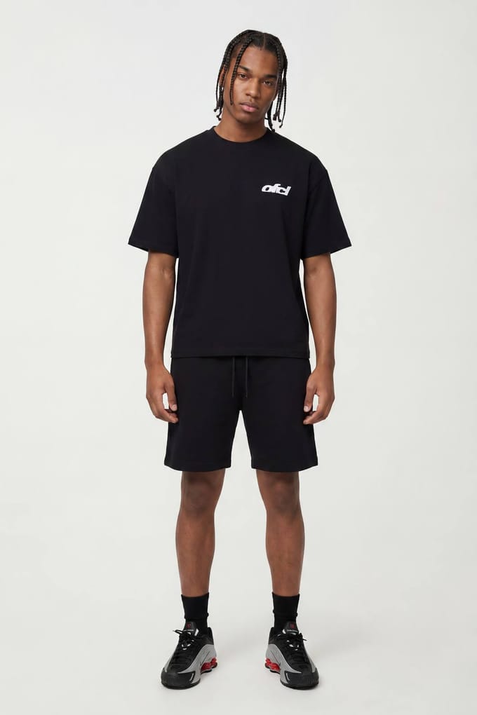 Oversized Boxy Ofcl T-shirt & Verlengd Trekkoord Baggy Short Set | Black | Size Medium