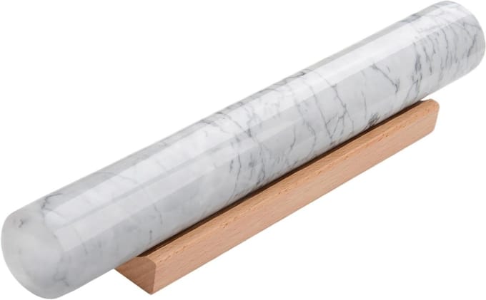 Marmeren deegroller - Bakkerij tool - Brood deeg maken - Met houten standaard - 30 cm - Wit