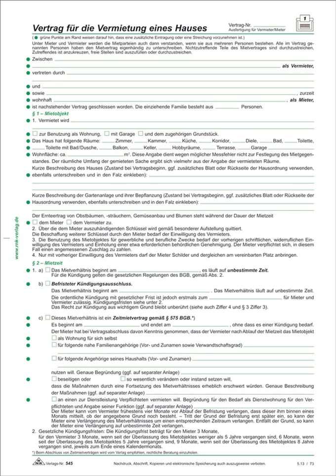 RNK Verlag 'Contract voor de huur van een huis' formulier