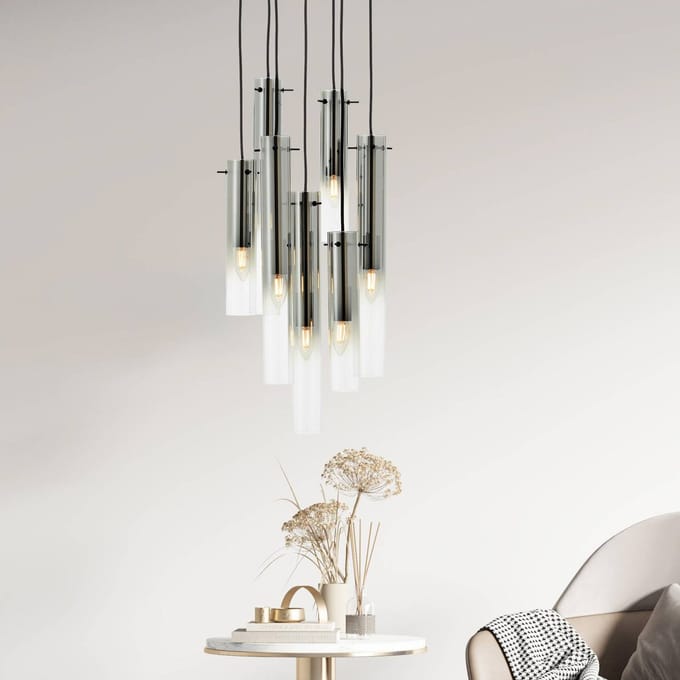 Brilliant Hanglamp Glasini, Ø 32 cm, rookgrijs, 7-lamps, glas