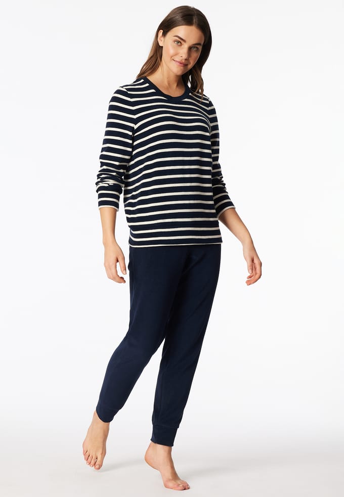 SCHIESSER dames Cotton Essentials Pyjama lang - dames pyjama set - nachtblauw gestreept