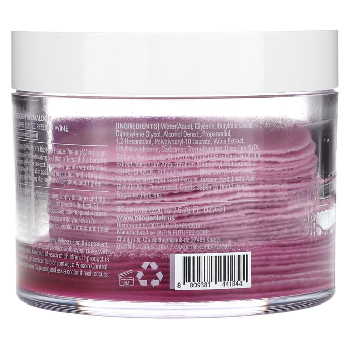 Neogen, dermatologie, biopeel + geavanceerde behandeling, gaaspeeling, wijn, 30 verpakkingen, 200 ml (6,76 fl oz) white
