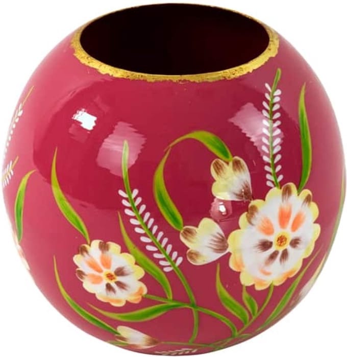 Vaas donkerroze met bloemen emaille - L - handbeschilderd