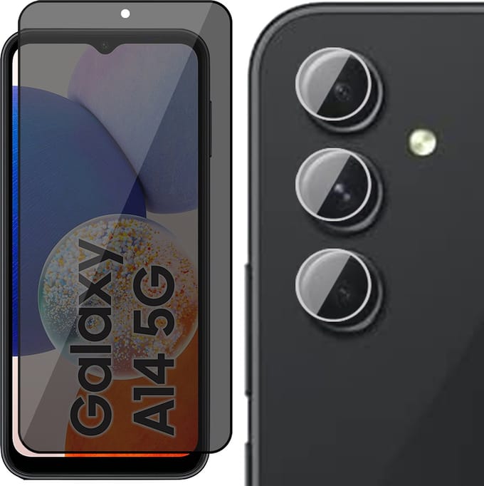 Privacy Screenprotector geschikt voor Samsung Galaxy A14 - Camera Lens Screen Protector & Glas Screen Protector FullGuard