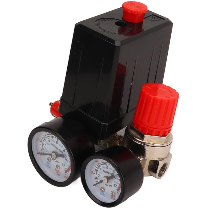 Pressostat de Compresseur d'Air 4 Voies Contrôleur à Vanne de Contrôle Automatique 0‑180PSI avec Manomètre