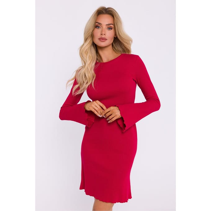 Ribbed Flare Knit Dress - Rot / S/M