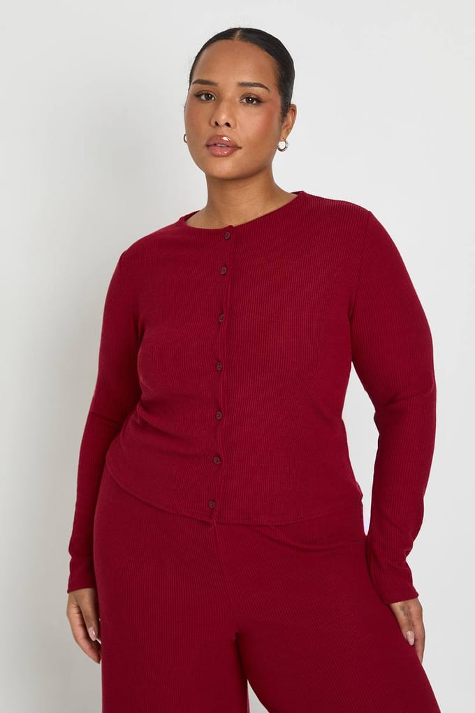 boohoo Dames Plus Size Geribbeld Vest met Knopen en Broek Co-Ord | Wijn | Maat: 52