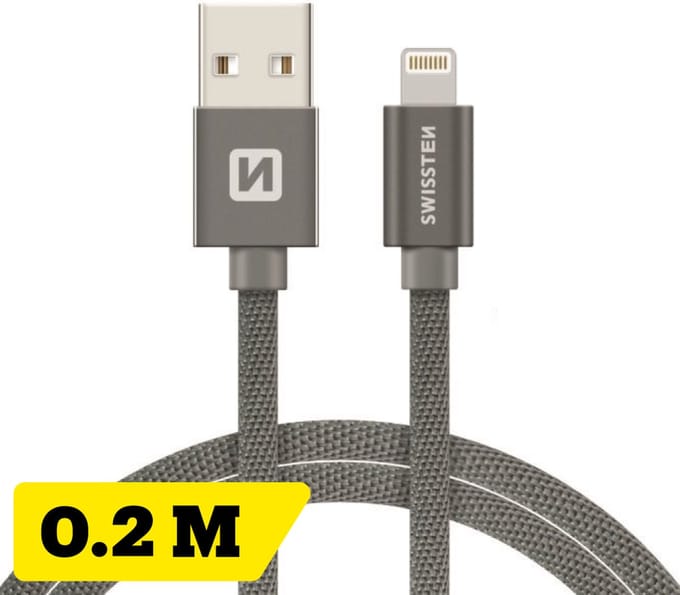 Swissten Korte Lightning Oplaadkabel 20 cm – voor iPhone & iPad – Gevlochten Nylon USB-A Kabel – Grijs