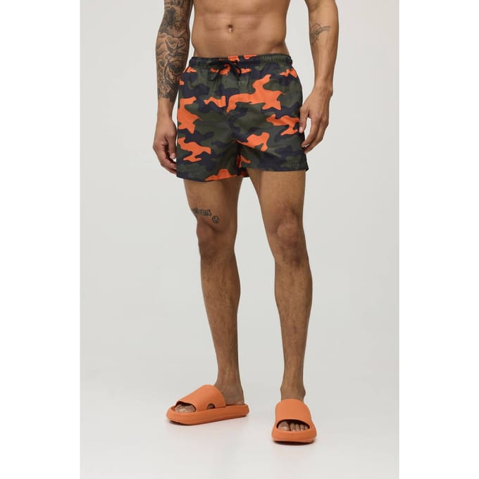Camo Print Short Length Swim Short | Red | Size Medium