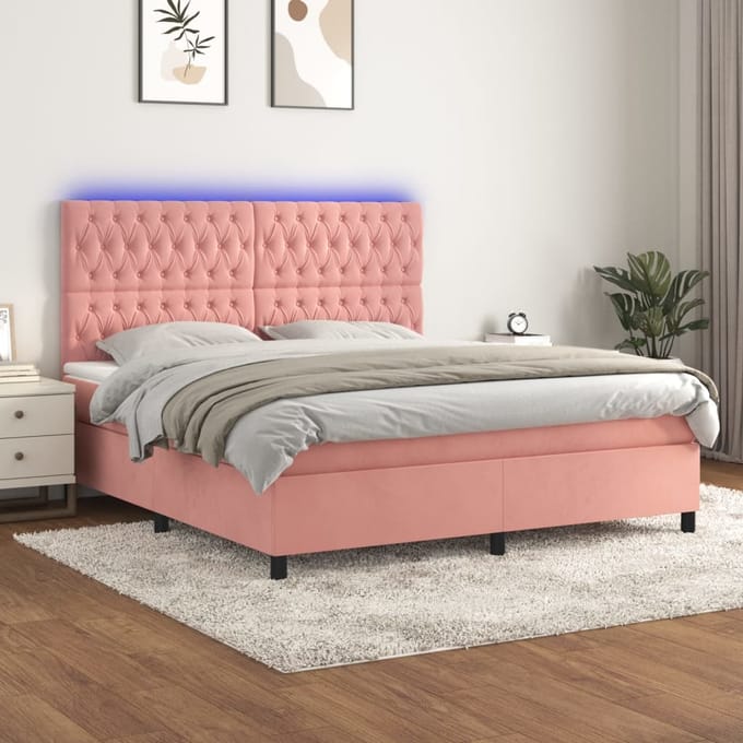 vidaXL - Boxspring - met - matras - en - LED - fluweel - roze - 160x200 - cm