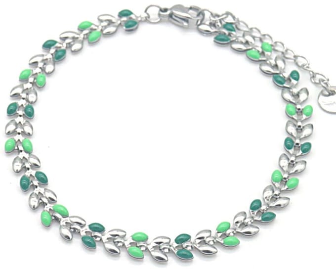 Armband Dames - Groene Bladeren - RVS - Lengte 17-21 cm - Zilverkleurig