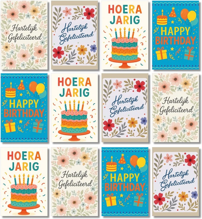 MGPcards - 12 dubbele wenskaarten met gekleurde envelop - Gefeliciteerd - Birthday - Jarig - 11,5 x 17 cm - 100% Plastic vrij