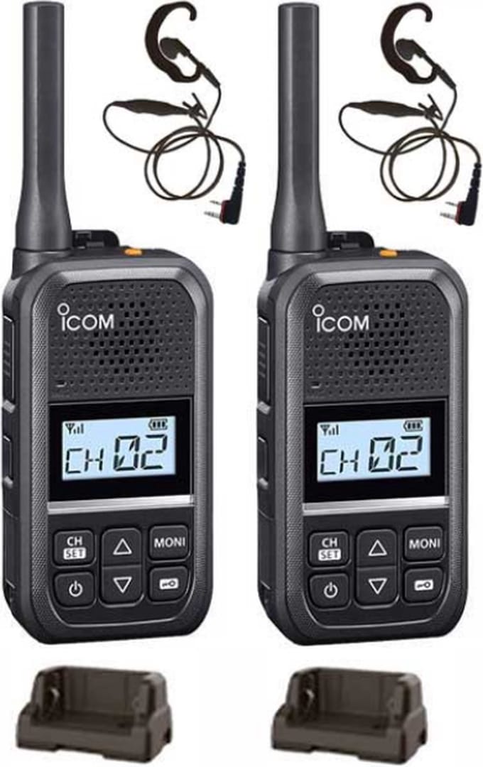 Set van 2 Icom IC-U20SR IP54 mini Portofoon met tafel lader en C-ring oortje