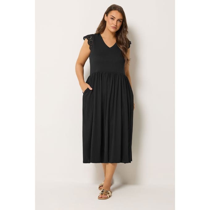Yours Zwarte Maxijurk Met Broderie Mouwen Size 42