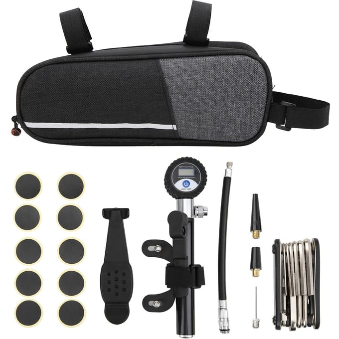 Kit d'outils de réparation de pneu de vélo portable d'extérieur Pompe numérique Buse Patchs Clés de réparation Ensemble black