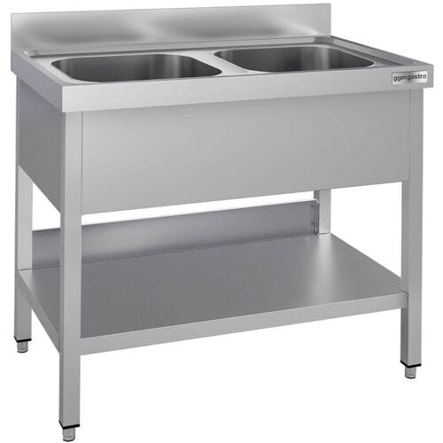 GGM Gastro RVS spoeltafel ECO - 1000x700mm - met onderblad - met 2 spoelbakken midden zilver
