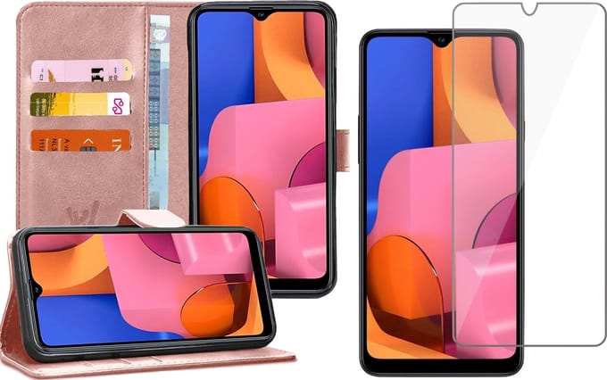 Hoesje geschikt voor Samsung Galaxy A20s - Screen Protector GlassGuard - Book Case Kunstleer Pasjeshouder Rosegoud & Screenprotector