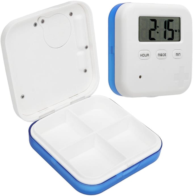 Slimme Pillen Organizer met Alarm en 4 Compartimenten - Draagbare Medicijn Doos (Blauw)