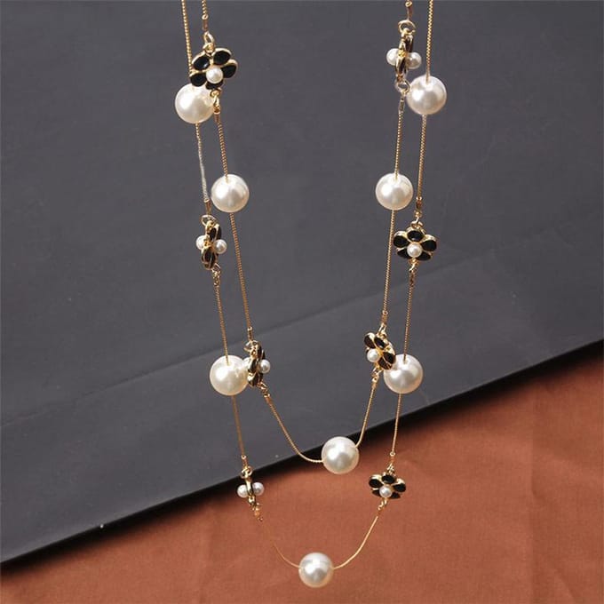 Hoge Kwaliteit Dames Gelaagde Parel Truiketting Ketting Collares de moda meerlaagse camelia Bloem lange Ketting Feest Sieraden gray