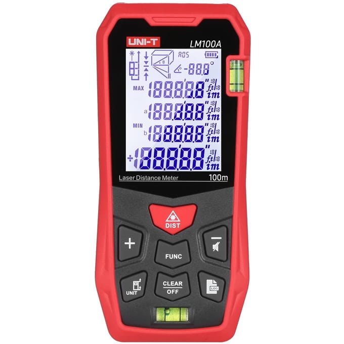 UNI-T LM100A Laser Afstandsmeter 100M met 2 Waterpassen LCD Achtergrondverlichting Pythagoras 100m range rood