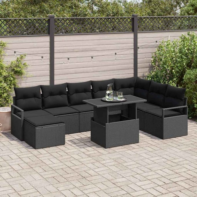 vidaXL - Tuinbank - Set - 9 - st - Zwart - poly - rattan