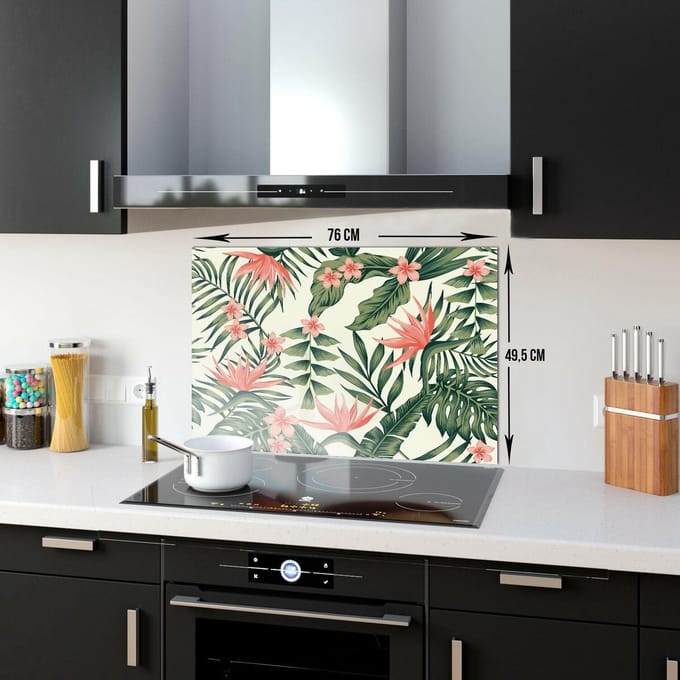 Botanisch Patroon Tempered Glas Spatbescherming Voor Achter de Kookplaat 49,5cm x 76cm