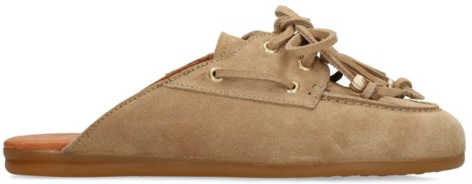 Manfield - Dames - Beige suède muiltjes met franjes - Maat 40