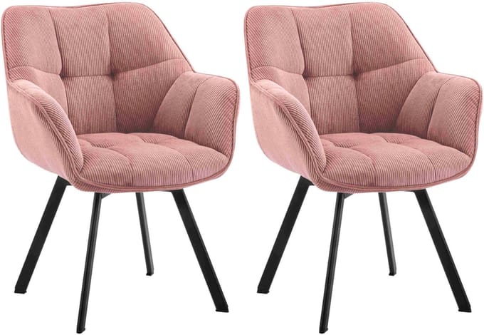 CLP Jordi Set van 2 eetkamerstoelen - Met armleuning - Metaal frame - Ribstof/roze