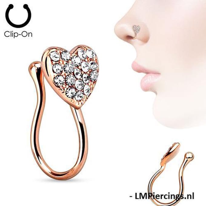 FAKE piercing gemmed hartje rose gold plated - LMPiercings