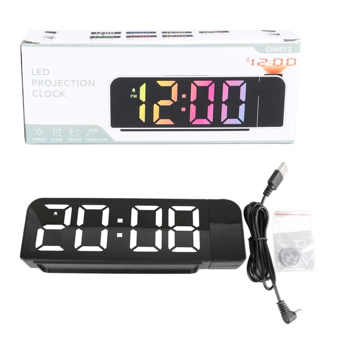 Réveil à Projection Grand Affichage Minuteur Température Opération Facile Minimaliste Heure Date LED white