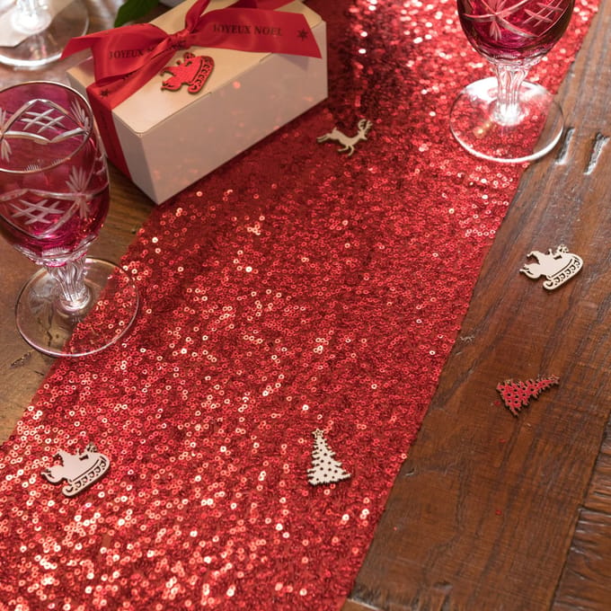 Santex Kerstdiner glitter tafelloper op rol - rood pailletten - 30 x 300 cm - polyester