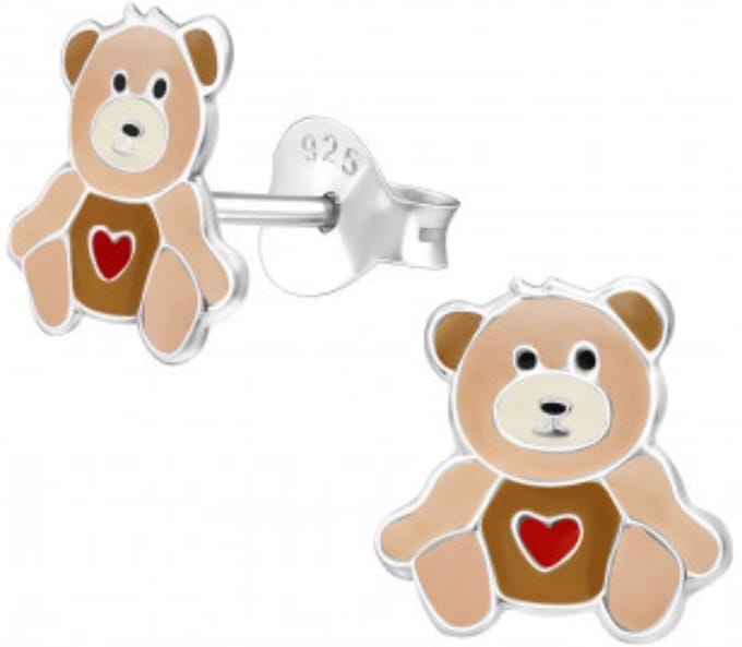 Joy|S - Zilveren beer oorbellen - 8 mm - bruin met rood hartje - sterling zilver 925 - kinderoorbellen