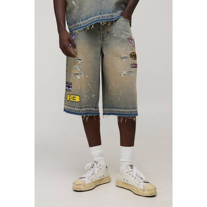 Gewassen Moto Badge Longline Jorts | Antique Blue | Size 34