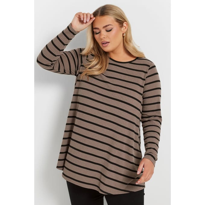 Yours Top Met Geribbelde Textuur En Strepenprint In Bruin Size 48