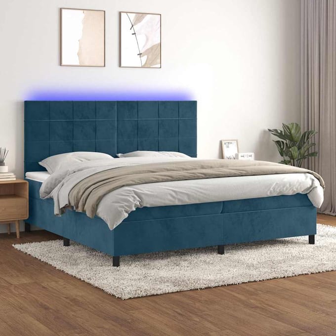 vidaXL - Boxspring - met - matras - en - LED - fluweel - donkerblauw - 200x200 - cm