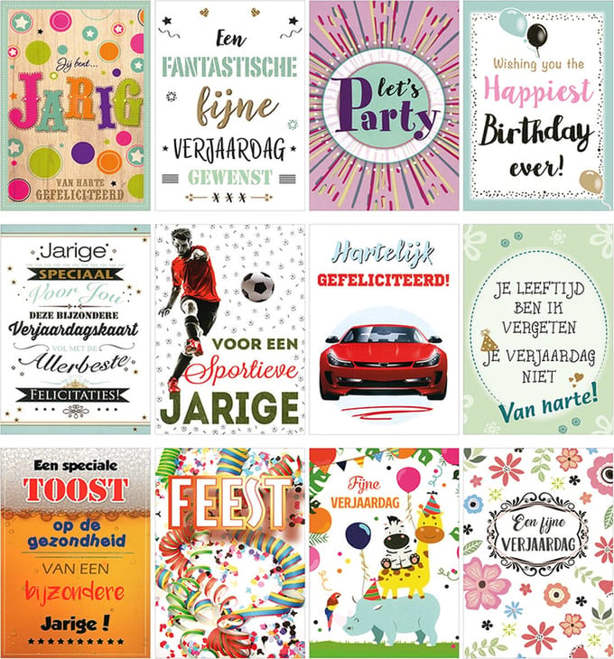 MGPcards - 12x dubbele wenskaart met gekleurde envelop - Gefeliciteerd - Verjaardag