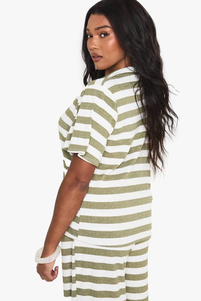 boohoo Dames PLUS V-hals gebreide top met kraag | Kaki | Maat: 46