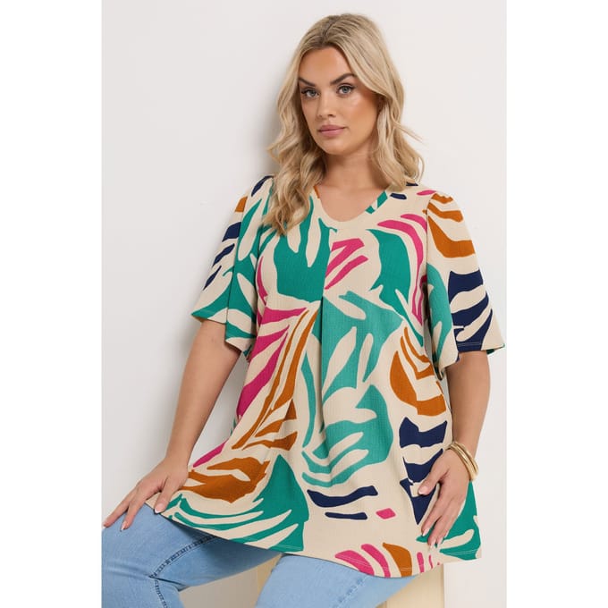 Yours Natuurlijke Bruine Top Met Abstracte Textuur En Geplooide Voorkant Size 48