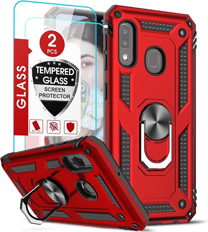 Hoesje Geschikt Voor Samsung Galaxy A20E Hoesje kickstand Armor case Rood Met screenprotector 2 pack