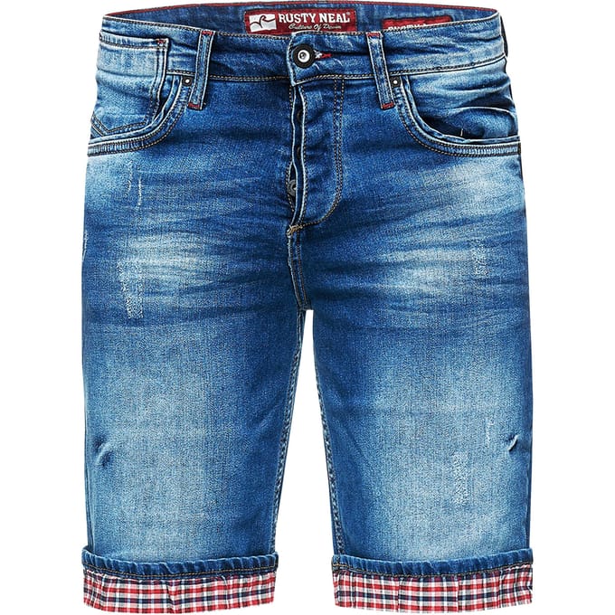 Blauwe gebruikte jeansshorts met ruitjesmotief "SATTO"
