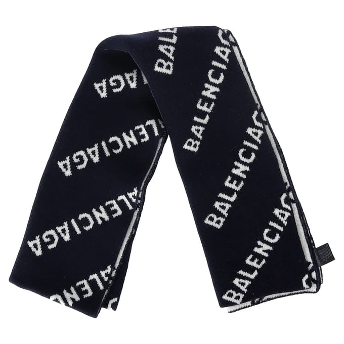 Balenciaga Logo-Intarsia Sjaal in Donkerblauwe Wol