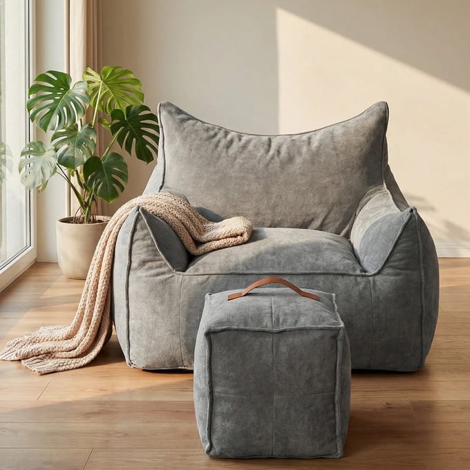 Puluomis - Zitzak sofa - Fauteuil met Poef - Fleece - Sponsvulling - 100x95x65cm - Grijs