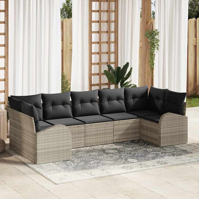 vidaXL Tuinbank Set met kussen met opslag 7 pcs Lichtgrijs poly rattan