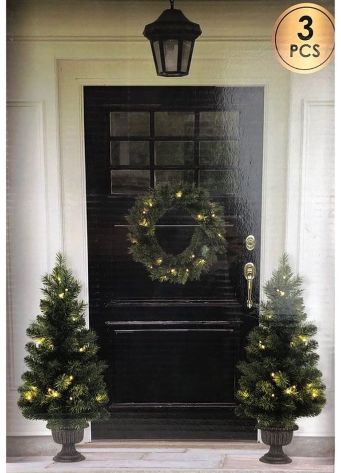 Kerstbomen en kerstkrans met LED - set van 3 stuks