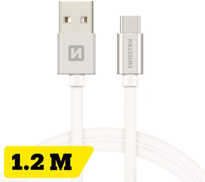 Swissten USB-C naar USB-A Oplaadkabel - 1.2M - Gevlochten Nylon - Snellaadkabel & Datakabel - Zilver