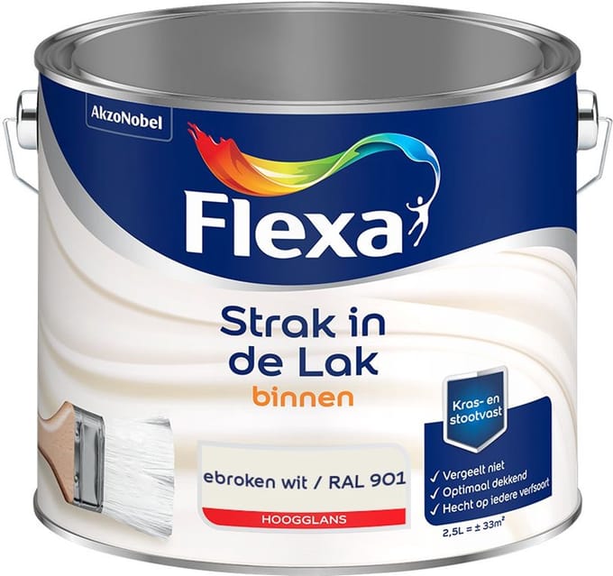 Flexa - Strak In De Lak Binnenlak Hoogglans - Gebroken Wit / Ral 9010 - Mengverf - 2,5 L