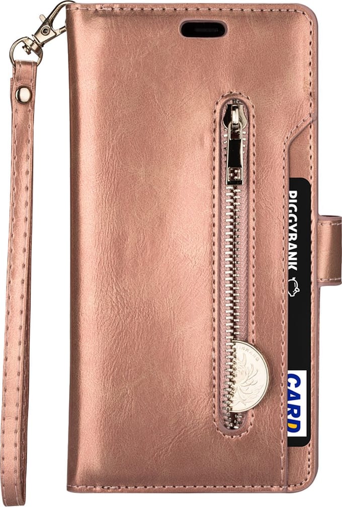 Hoesje geschikt voor iPhone 15 Plus - Bookcase - Koord - Pasjeshouder - Portemonnee - Rits - Kunstleer - Rose Goud