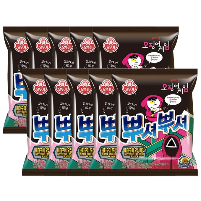 Ottogi Pusher Pusher Boter Geroosterde Inktvis Smaak Ramen Snack 90g x 10 Pakken Knapperige Hartige Noedel Snack