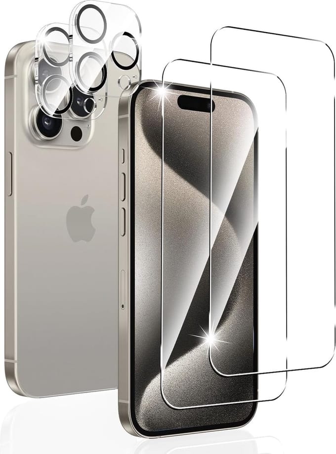 Glasplaatje Screen Protector 2x en Camera lens protector 2x / Tempered glass Screen protector Geschikt voor: iPhone 15 Pro Max - Beschermglas - Transparant
